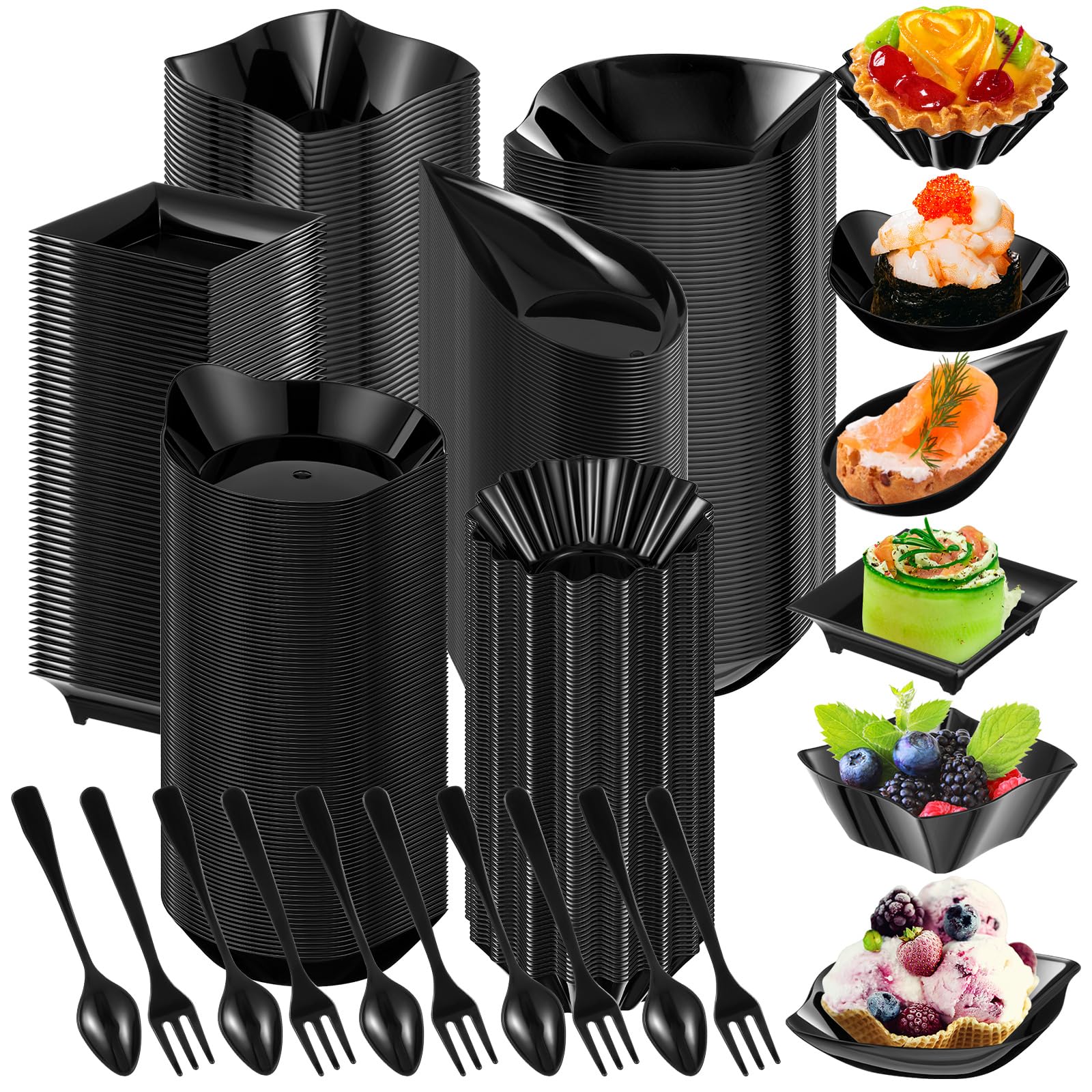 Tessco for you 1200 Pcs Mini Appetizer Plates Set Including 6 Shapes Disposable Mini Dessert Cups, Spoons and Forks for Party Wedding Pudding Ice Cream (Black)