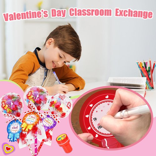 KPHNGB 28 Pack Valentines Gifts for Kids - Giant Lollipop-Shaped Class Stationery Set with Cards, Bulk Valentines Classroom Gifts for School Exchange Prizes