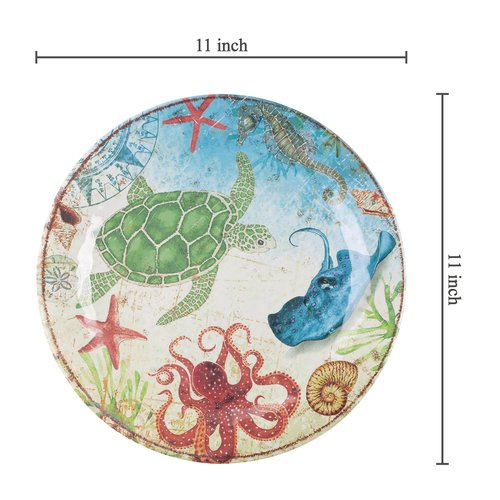 UP UPware Sea Life Turtle Melamine Dinner Plate Set, Round Plates for Main course, Pasta, and Salad, BPA-Free, Dishwasher Safe, Multicolor, 11 Inch, Set of 6