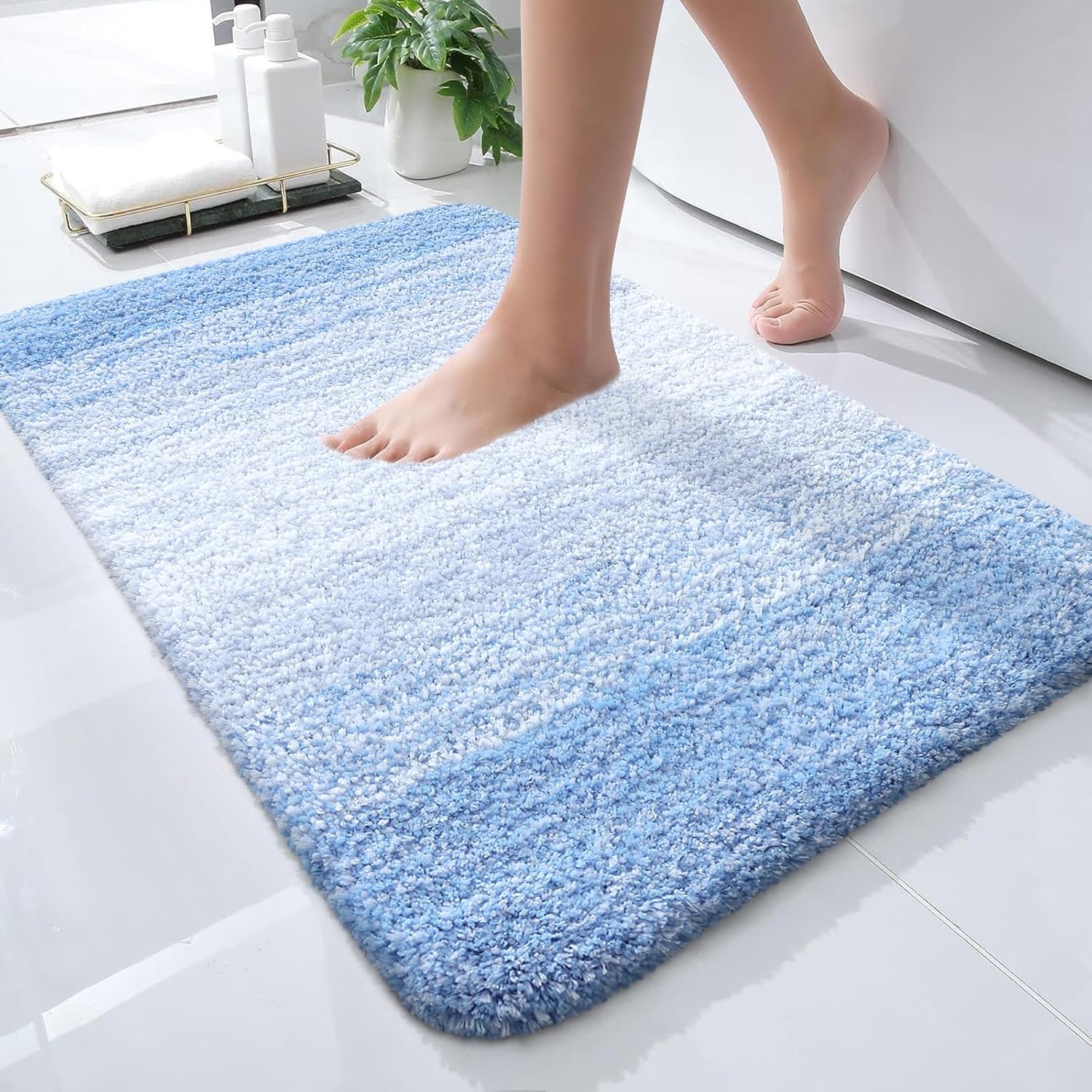 OLANLY Small Bathroom Rugs - Extra Soft Microfiber Mat | Quick-Dry, Washable, Rubber Backing - Light Blue 24x16
