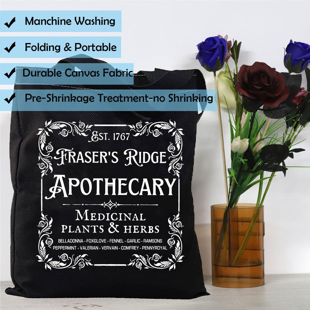 Tv Show Inspired Gift Book Merchandise Fraser's Ridge Apothecary Est. 1767 Tote Bag for Jamie Fraser Fans (Fraser’s Ridge ToteBLK)