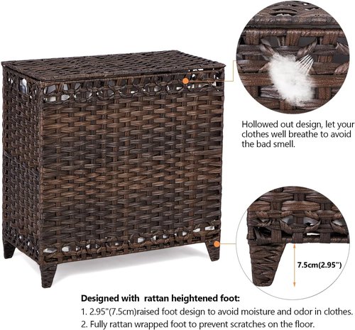 Handwoven Rattan Laundry Hamper by [Brand Name] - 132L Capacity with 3 Removable Liner Bags & Lid | Brown