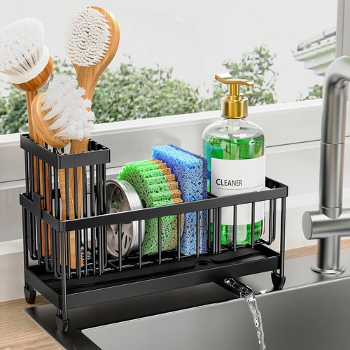 Cisily Kitchen Sink Sponge Holder - Rustproof 304 Stainless Steel Caddy Organizer | Black, 9.25”
