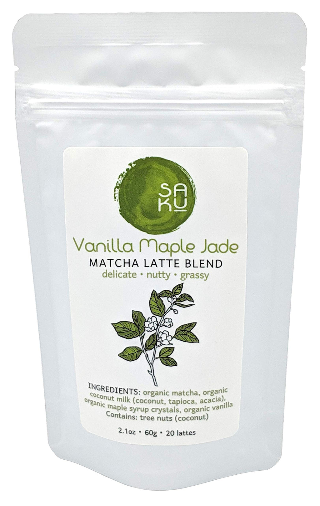 SAKU Tea, Vanilla Maple Jade Matcha Latte Blend, Super Food Latte, 2.1oz Bag