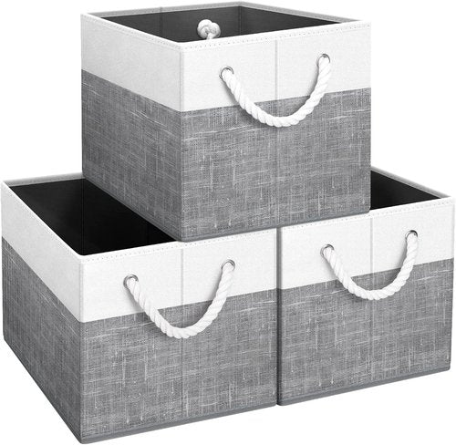 Fab Totes Storage Bins - 3-Pack Foldable Organizing Baskets for Toys, Books & Closets | Large White & Grey