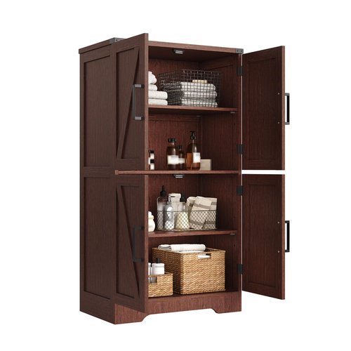 Treocho Bathroom Floor Cabinet, Farmhouse Bathroom Storage Cabinet with Doors and Adjustable Shelves, Freestanding Kitchen Pantry Cabinet, Cupboard for Living Room, Dining Room, Walnut