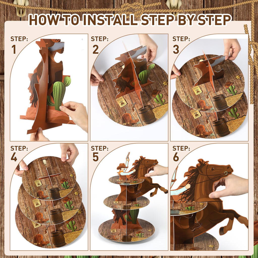 Zopeal Western Cowboy Horse Cupcake Stand, 3-Tier Western Theme Birthday Cupcake Holder, Cowboy Theme Cake Holder, Dessert Stand for Wild West Baby Shower, Birthday Party Supplies