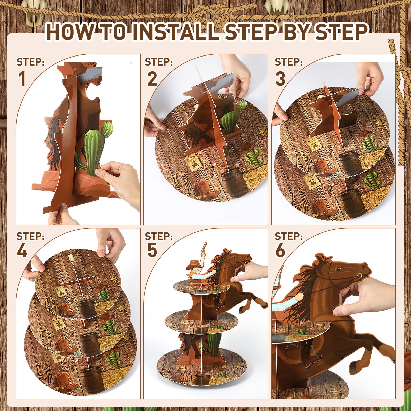 Zopeal Western Cowboy Horse Cupcake Stand, 3-Tier Western Theme Birthday Cupcake Holder, Cowboy Theme Cake Holder, Dessert Stand for Wild West Baby Shower, Birthday Party Supplies