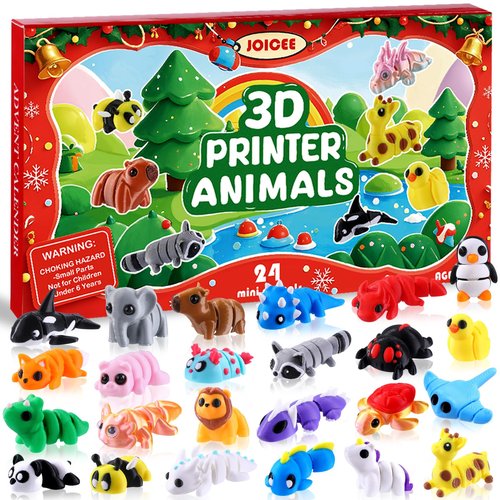 JOICEE 2025 Christmas Advent Calendar with Mini 3D Print Animals, 24 Days Mini Animal Figurines Toys Set Xmas Articulated Flexible Fidget Gifts for Kids Boys Girls Christmas Party Favors