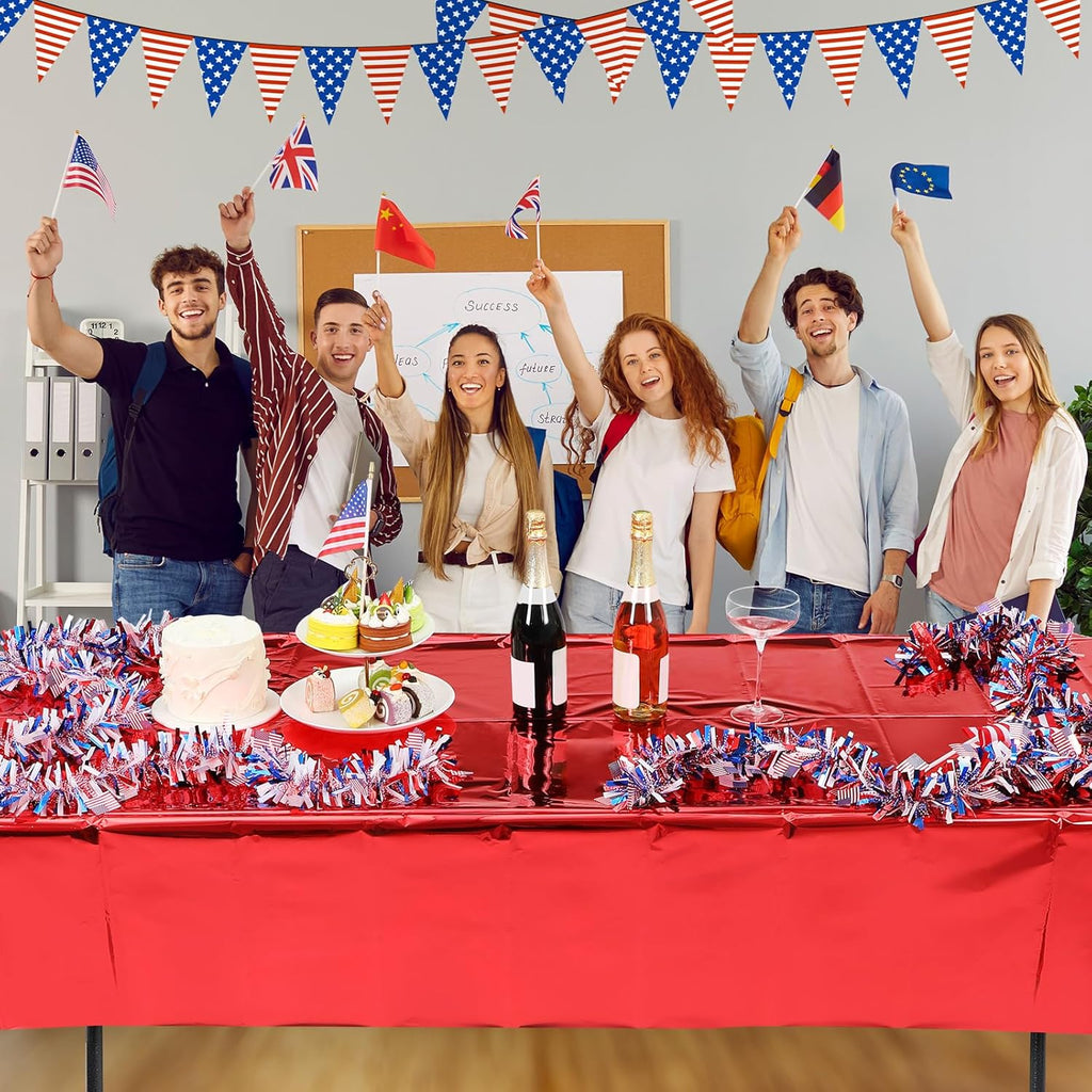 Regine Switzerland 4th of July Tablecloths - Patriotic Foil Design | 54 x 108 Inch Rectangle, Red/Silver/Blue