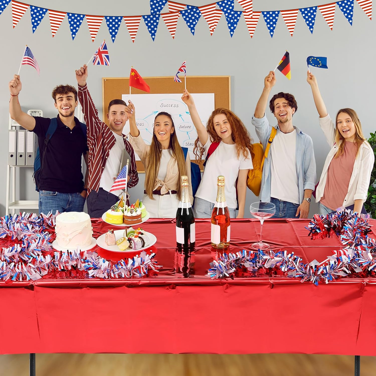 Regine Switzerland 4th of July Tablecloths - Patriotic Foil Design | 54 x 108 Inch Rectangle, Red/Silver/Blue