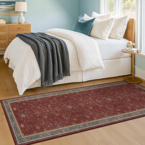 Boho 2x7 Long Runner | Washable Non-Slip Indoor Floor Mat - Dark Red Floral Design for Kitchen & Entryway