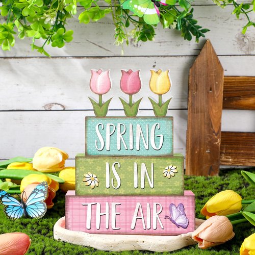 Marsui 4 Pcs Spring Table Decorations Tulip Flower Wooden Block Signs Pastel Tulip Tabletop Centerpieces Farmhouse Distressed Easter Spring Decor for Home Table Kitchen Shelf Tiered Tray Decor