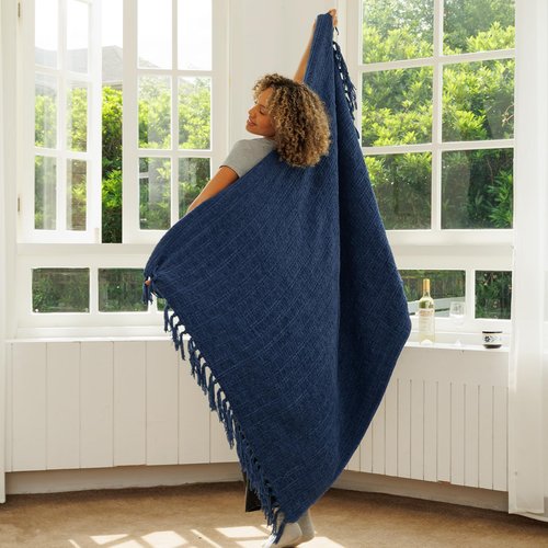 NANPIPER Knit Blanket Ultra-Soft Cozy Throw Handknit Style for Couch, Luxurious Lightweight Home Decor, Navy Blue 50"x60"