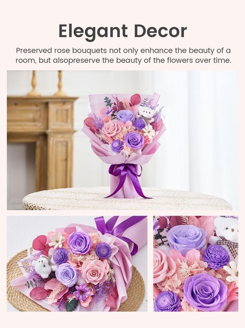 Polylove Preserved Flowers for Delivery Prime Forever Flowers Bouquet with Bear Flower Gift for Wife Women Birthday