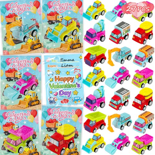 Easter Basket Stuffers for Kids School - 27PCS Valentine Gifts with Pull Back Cars Truck Vehicles Set for Boys Girls, Construction Toy for Class Party Favors, Potty Training Reward for Kid Classroom