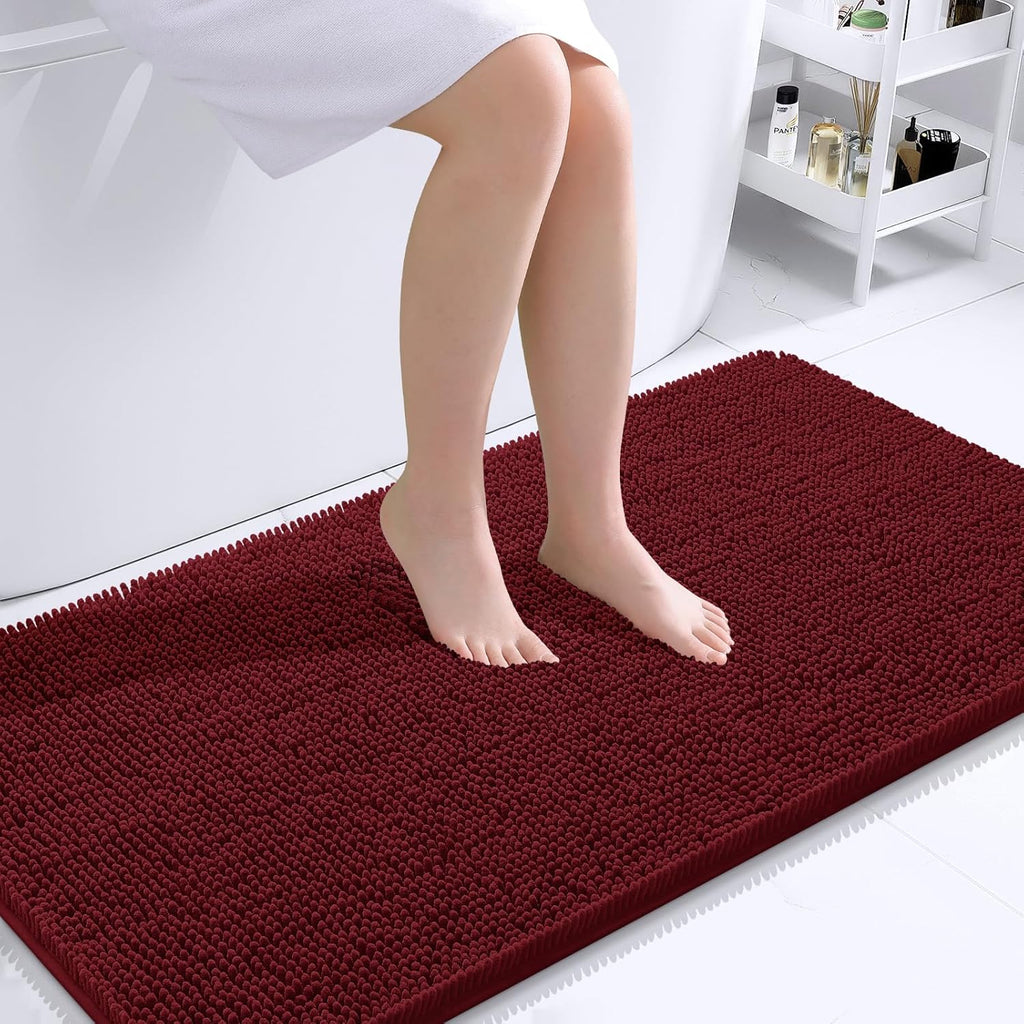 OLANLY Bathroom Runner Rugs - Soft Absorbent Chenille with Rubber Backing | 44x24 Inches, Burgundy