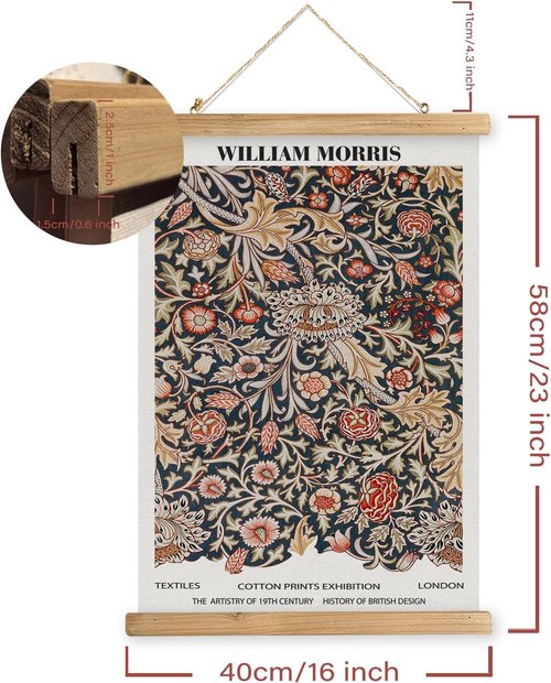 MIDEFINCH Vintage Floral Scroll Textile Print Poster - Retro Botanical Wall Art | 16x23 Inch with Wooden Hanger