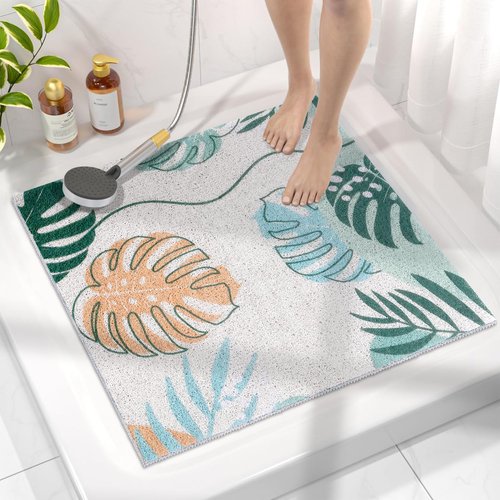 Square Shower Mat, Yonala 24 x 24 Inch Stylish Non Slip Square Bath Mats for Walk in Shower Stall, Soft PVC Loofah Anti Slip Shower Mat for Elderly, Shower Floor Mat for Tile Floor