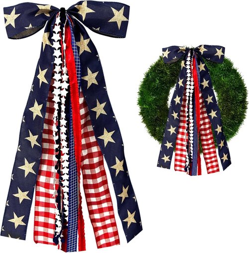 Large Patriotic Ribbon Bow - Red, White & Blue Clip-On Star Sash for 4th of July Wreaths & Decorations