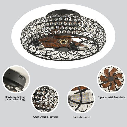 XUDOM Caged Crystal Ceiling Fans with Lights and Remote,18.8" Flush Mount Low Profile Ceiling Fan with Light,6 Speed Enclosed Ceiling Fan with Reversible Motor for Bedroom Kitchen Living Room