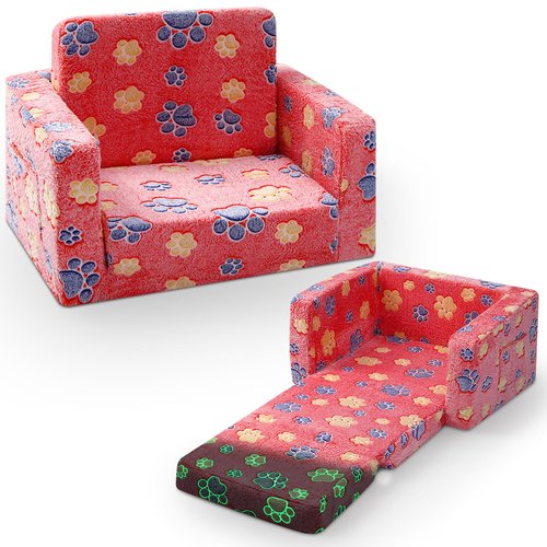AceOrbit Glow in The Dark 2 in 1 Toddler Couch, Foldable Flip Open Kids Sofa Bed for Playroom, Comfy Thick Plush Chair with Paw Prints for Girls and Boys, Ages 1-3