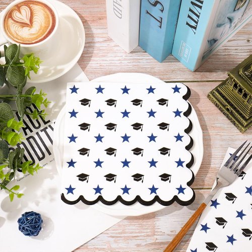 FYSUIMU Graduation Cap Paper Napkins - 100 Pcs Scalloped Disposable Dinner Napkins | Black & Blue Design for Graduation Parties