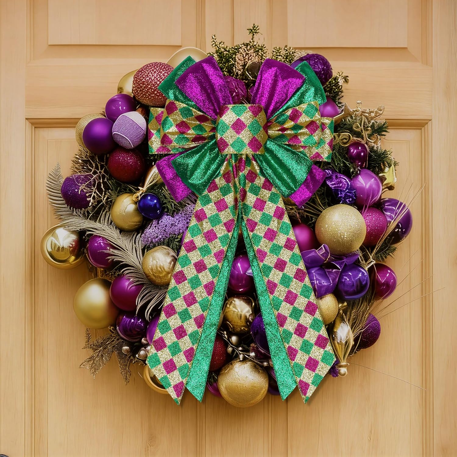 Skiennix Mardi Gras Bows - 12”x20” Large Glitter Tree Topper Decor for Holiday Parties | Gold, Green, Purple