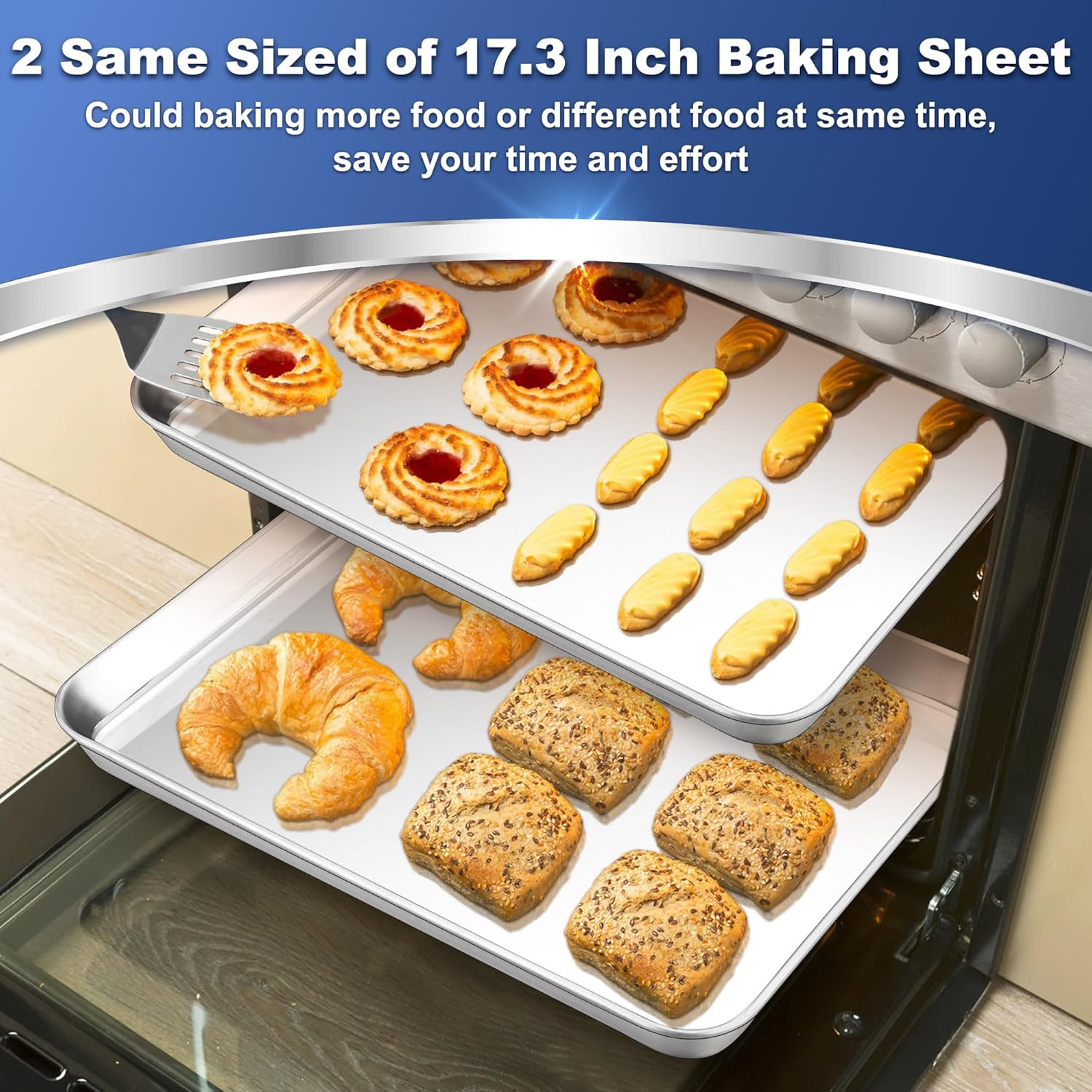 P&P CHEF 17.3 Inch Stainless Steel Baking Cookie Sheet - Heavy Duty & Dishwasher Safe, Set of 2