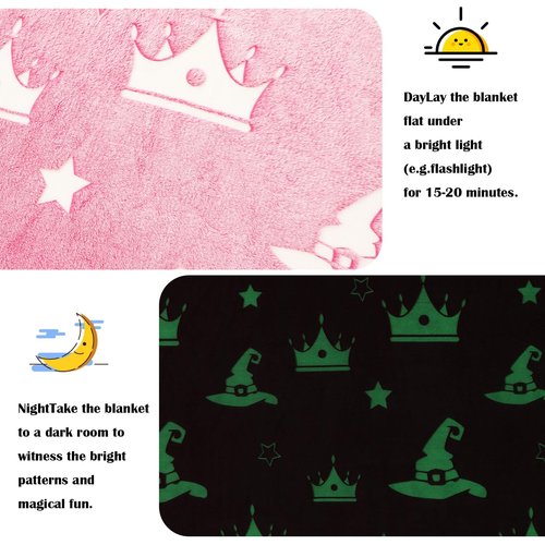 Hillsuren Witch Hat and Pink Crown Blanket for Girls 50 x 60 Inch Glow in The Dark Fun Witch Theme Throw Blanket Team Gifts for Christmas Halloween Thanksgiving Gift Decoration