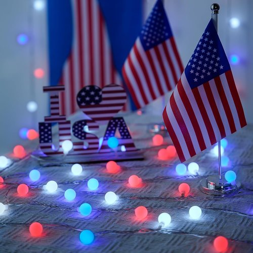 JMEXSUSS 100 LED Connectable Red, White, and Blue String Lights - 33ft Indoor/Outdoor Patriotic Decor with Remote & 8 Modes