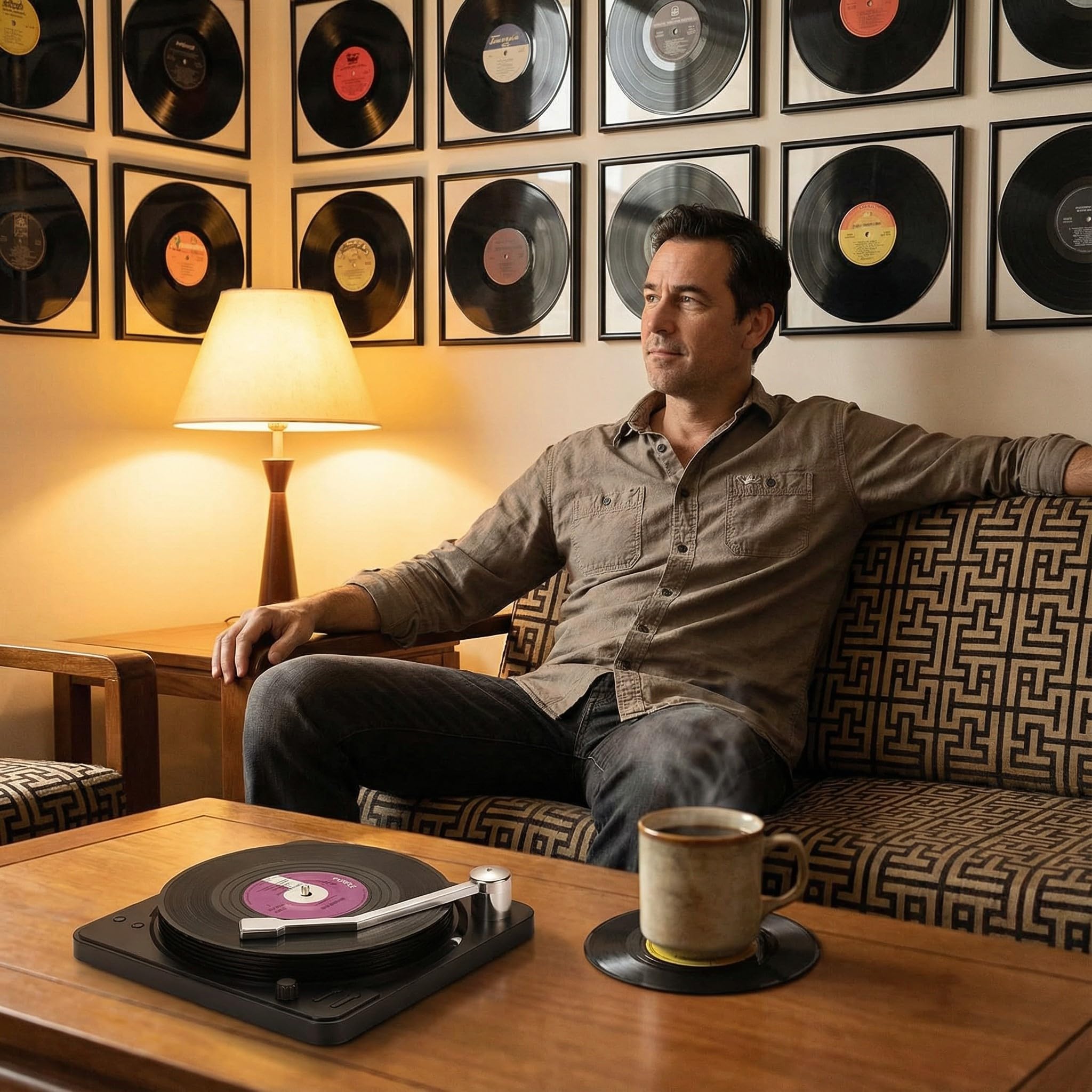 MECOWON Vinyl Record Coasters with Record Player Holder - 6Packs, Cool Coasters for Music Lovers, Great for Housewarmings, Parties, or Any Music Enthusiast in Your Life.