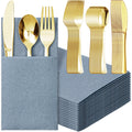 Tioncy 25 Pack Gold Plastic Silverware Set with Napkins, Linen Touch Napkins and Plastic Cutlery Set Gold Disposable Dinnerware with Forks Spoons Knives(Champagne)