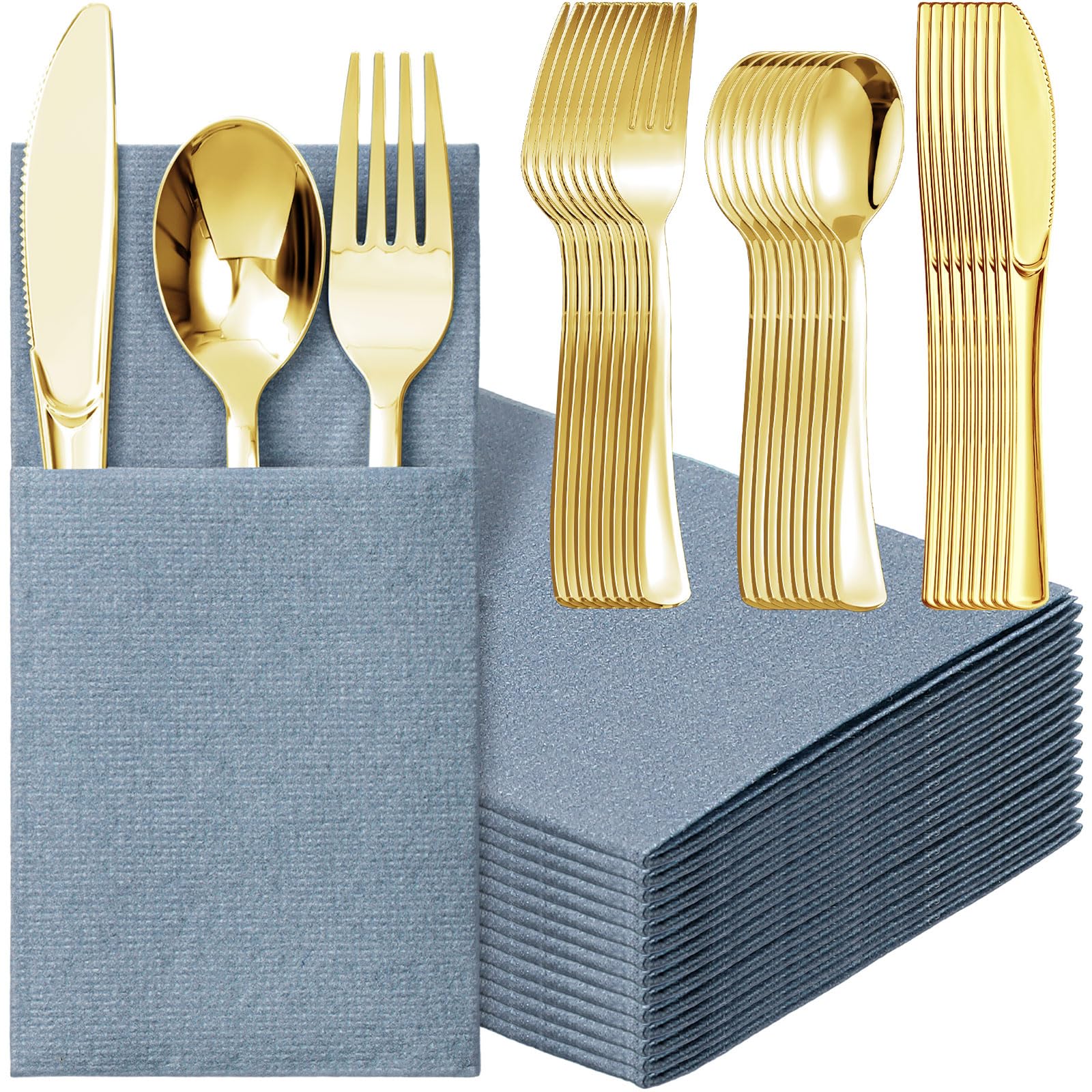 Tioncy 25 Pack Gold Plastic Silverware Set with Napkins, Linen Touch Napkins and Plastic Cutlery Set Gold Disposable Dinnerware with Forks Spoons Knives(Champagne)