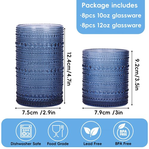 Moretoes Hobnail Drinking Glasses Set of 16, 12 Oz Highball Glasses & 10 Oz Cocktail Glasses, Clear Embossed Boho Glass Cups Kitchen Bar Tumbler Glassware Set for Whiskey, Beer, Juice, Milk (Blue)