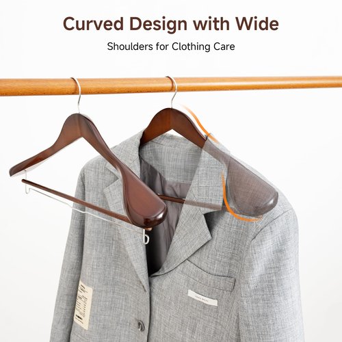 StorageWorks 6 Pack Wooden Hangers, Extra Wide Shoulder Wood Hangers with Locking Bar for Suit, Shirt, Coat, Pants, Walnut Color