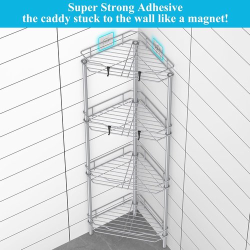HuggieGems 4-Tier Corner Shower Caddy Organizer - Silver Bathroom Shelf Stand with Hooks