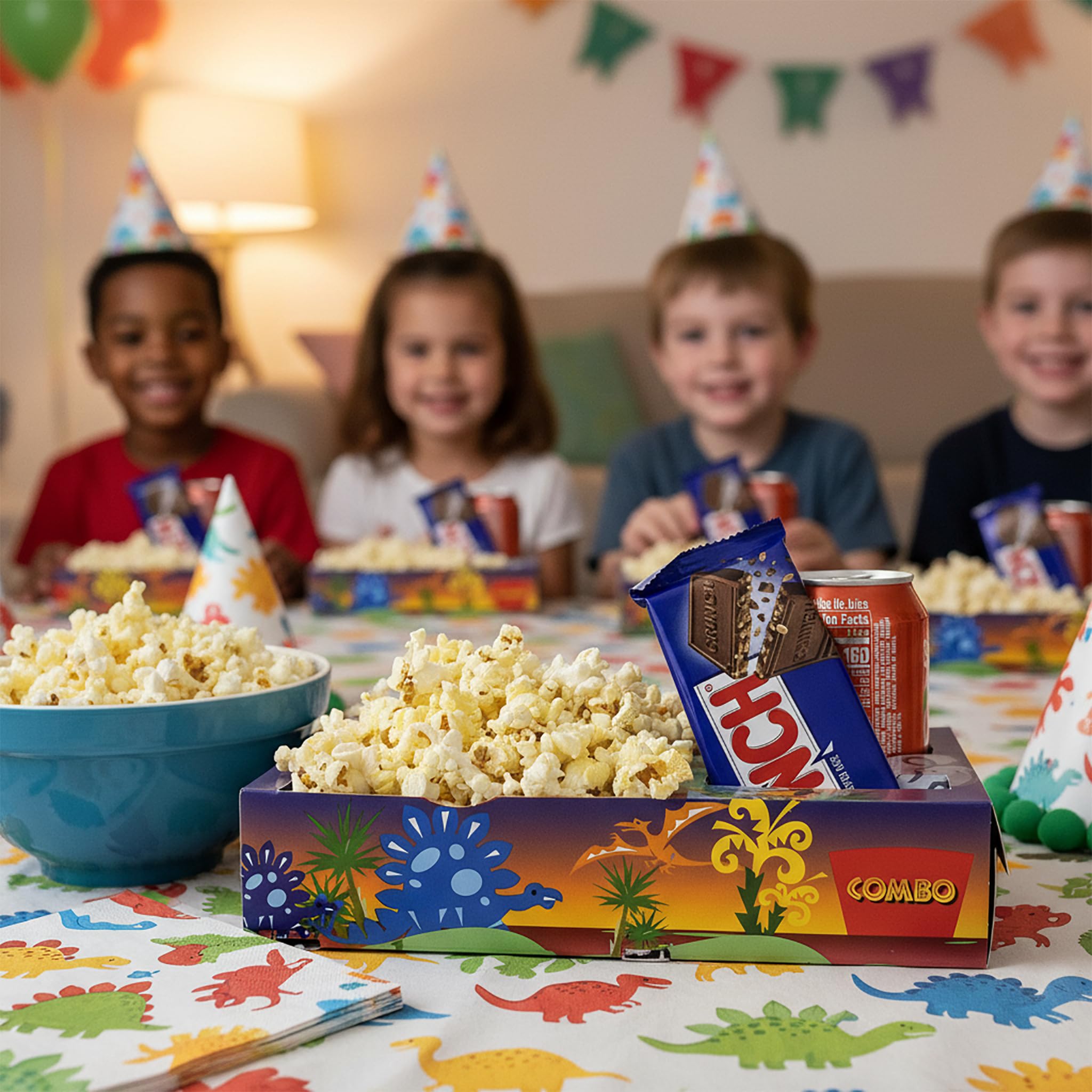 SNAPPY Dinosaur Movie Night Combo Trays, 50 Count, Cardboard Snack Tray with Popcorn, Cup Holder, Candy Section