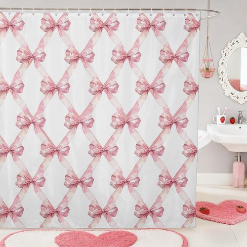 Cute Shower Curtain Pink Bow Fabric Shower Curtains for Girls Bathroom Modern Aesthetic Cloth Shower Curtain Set with Hooks 72x72 Inch,Bowknot Pattern Waterproof Bath Curtains for Bathtub,Pink Bow