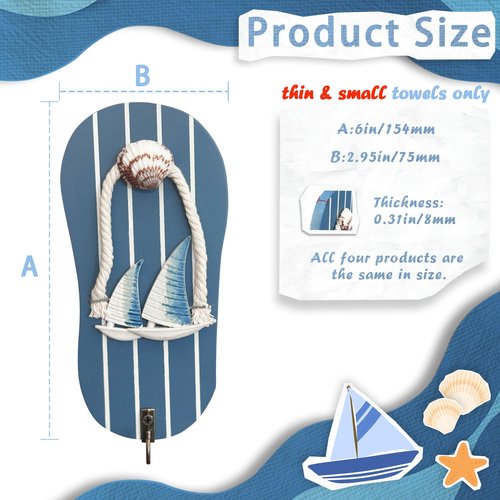 KYIEN Cute Flip Flop Small Towel Wall Hooks- Wooden Beach-Themed Rack with Metal Hooks (9.3") - Coastal Decor for Bathroom & Poolside, Beach Houses for Hanging Key Purse (Blue and White)
