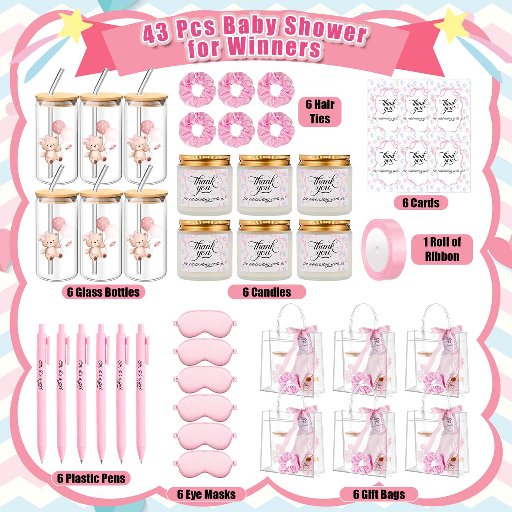 Reallnaive 43 Pcs Baby Shower Prizes for Player Winner Wedding Bridal Shower Favor Gifts Including Glass Cups Aromatherapy Candle Eye Mask Hair Band Greeting Card Pen Ribbon Gift Bag(Bear Style,Pink)