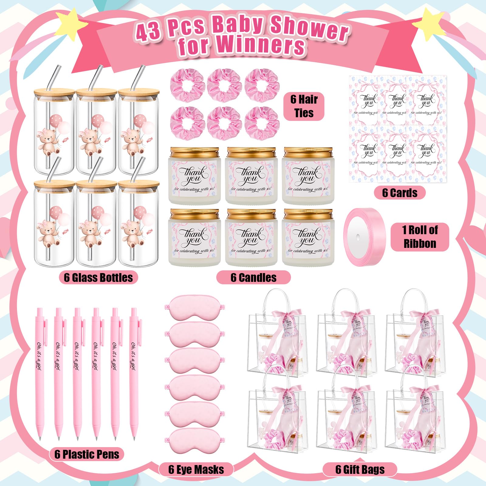 Reallnaive 43 Pcs Baby Shower Prizes for Player Winner Wedding Bridal Shower Favor Gifts Including Glass Cups Aromatherapy Candle Eye Mask Hair Band Greeting Card Pen Ribbon Gift Bag(Bear Style,Pink)