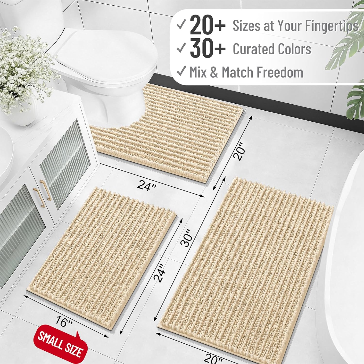 OLANLY Bathroom Rug Mat - Thick Soft Chenille Bath Mat with Non-Slip Backing | 40x32, Beige, Machine Washable