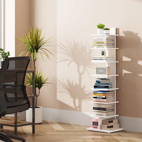 TUTOTAK Narrow Bookshelf, 8-Tier Bookcase, Spine Book Shelf for Small Space, Corner Standing Shelf for Living Room, Office, Study, Entryway, White BS06BW008