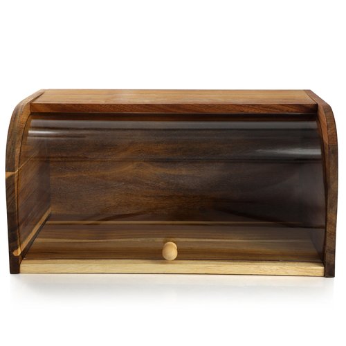 Elama Acacia Wood Bread Box with Clear Sliding Plastic Lid, Rustic Kitchen Counter Storage for Bread, Pastries, Buns & Snacks - Natural Wooden Bread Bin