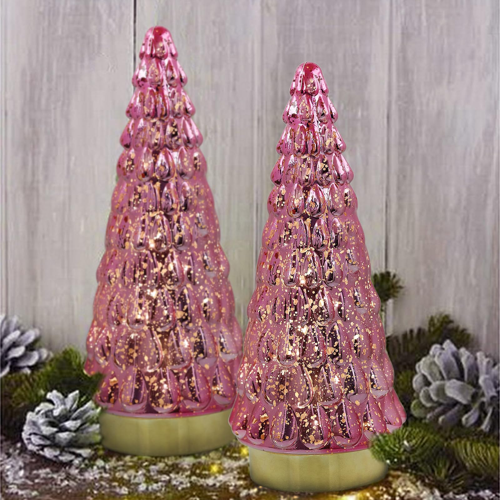 Pink Glass Christmas Tree 2pcs, Tabletop Mercury Christmas Tree with Light, Battery Operated Small Xmas Tree for Fireplace Centerpiece Decorations 10"