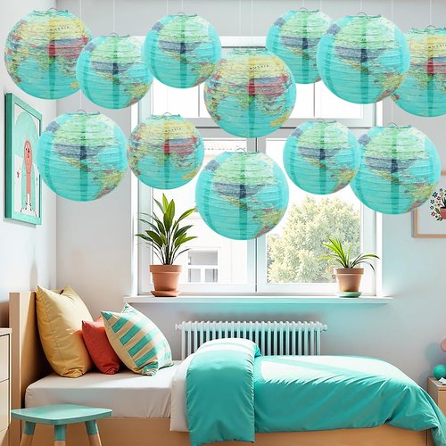 Songjum 14Pcs World Map Paper Lanterns Classroom Decorations 10 in and 8 in Classroom Hanging Ceiling Decor Earth Globe Lantern Fans for Back to School Around Travel Earth Theme Party Decor Supplies