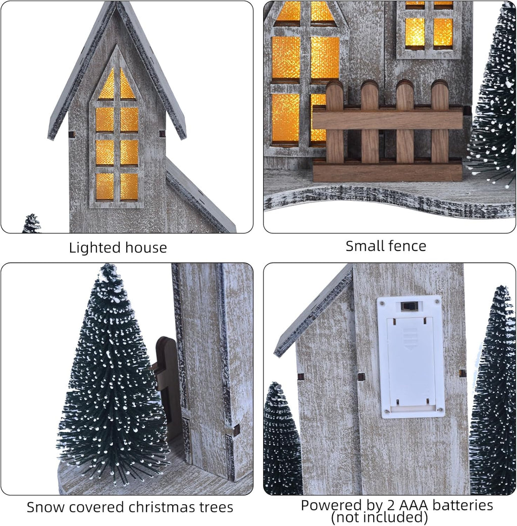 Wooden Christmas Village House - Lighted Indoor Tabletop Decor with LED & Tree | Winter Holiday Centerpiece (Style A)