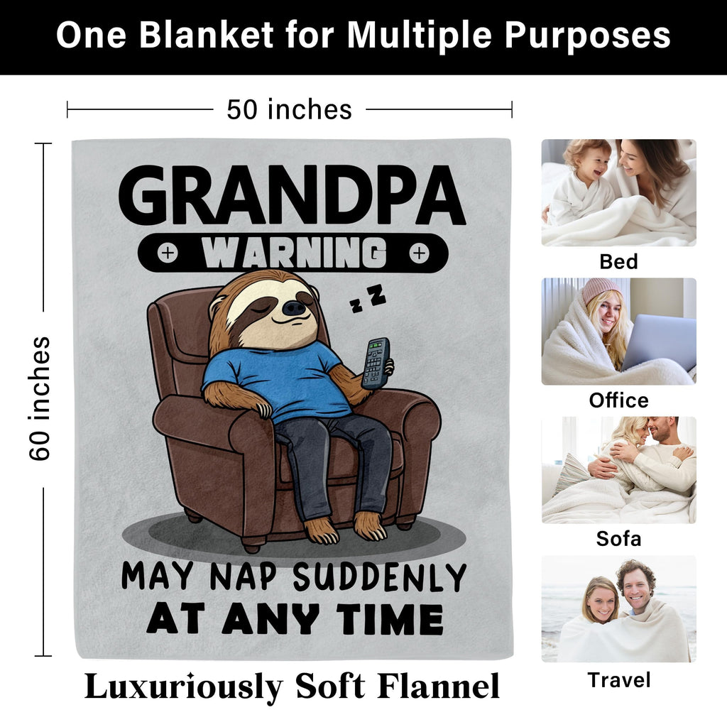 Grandpa Gifts, Fathers Day Birthday Gifts for Grandpa from Grandkids, 60"×50" Funny Flannel Blanket Gift for Granfather Birthday Valentines Fathers Day Christmas - Warning May Nap Suddenly at Any Time