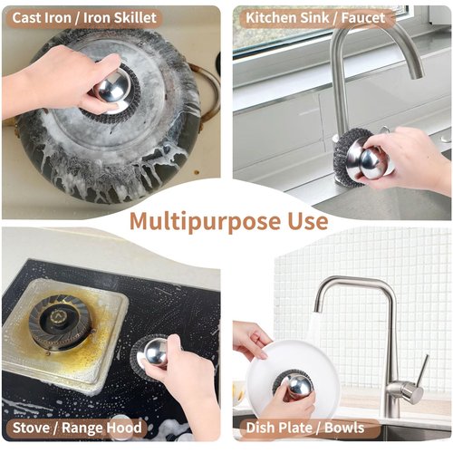 4pcs Steel Wool Scrubber with Replacement Wire Sponge Pads Set, Stainless Steel Scrubber with Handle for Scouring Stubborn Messes from Cast Iron, Pots, Pans, Grill, Stoves, Sink(2 Scrubber+2 Pads)